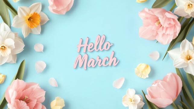 Pink tulips and bokeh light background with hello march text for spring