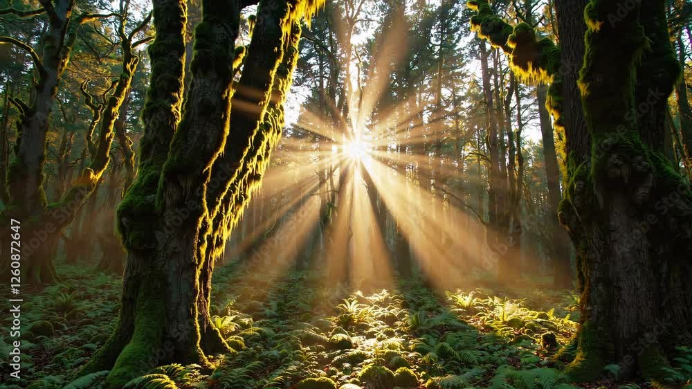 Poster Sunlight streaming through a lush green forest with moss-covered trees and ferns, creating a serene atmosphere. Nature tranquility and environmental beauty concept