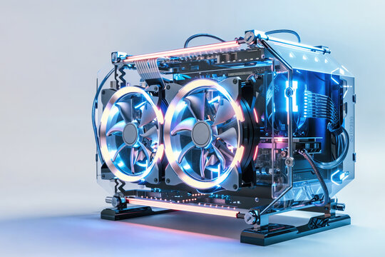 Powerful modern desktop pc with neon lights and transparent case illuminating components