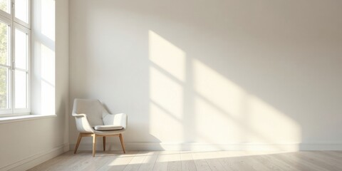 Fototapeta premium Serene Minimalist Interior Featuring a Single Armchair Bathed in Sunlight Against a Blank Wall