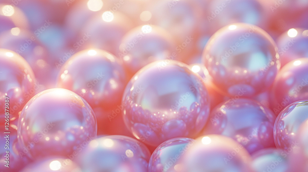 Poster colorful reflective pearls scattered on a surface with soft lighting in a serene setting