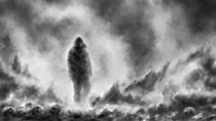 Dark silhouette of man in fog. Apocalypse world, city ruins, destruction. Horror fantasy illustration.