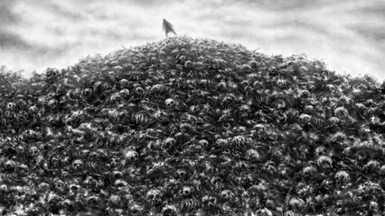 The theme of destruction and the end of the world. Scary 2d illustration in horror fantasy genre. Coal and noise effect. Gloomy concept art. Black and white background. 