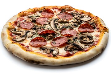 pizza with mushrooms, salami and pepperoni, tasty supreme pizza with no background clipart for graphic use