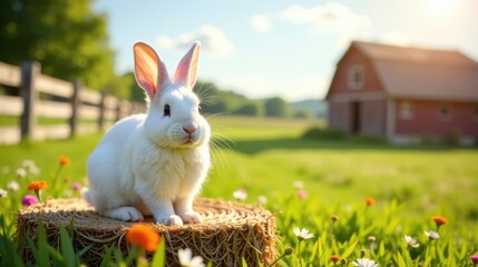 A fluffy white rabbit sits on a hay bale in a sun-drenched meadow, wildflowers blooming around it, a rustic barn softly blurred in the background.