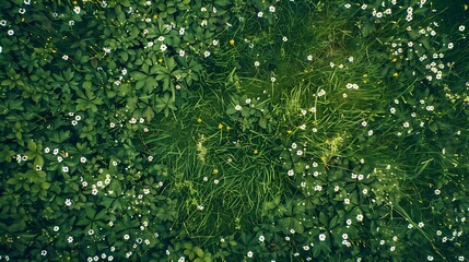 Green grass with white flowers in the meadow, top view.