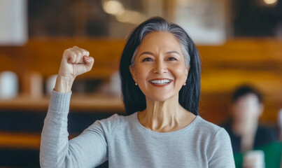 Middle aged hispanic woman with raised fist of empowerment, strength and women solidarity, International Womens Day concept