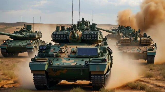 Army Tank is driving through dusty road and prepare for attack, Military tanks running in the Battlefield, Military Tanks Advancing Through Dusty Battlefield in Close Formation, 4K Video 