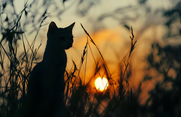 Silhouette of a Cat Sitting in Tall Grass During a Glowing Sunset

