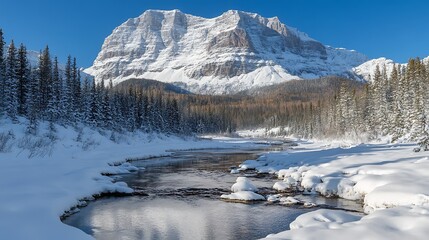 Fototapeta premium Snowy mountain river, winter landscape, Canadian Rockies