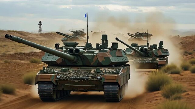 Army Tank is driving through dusty road and prepare for attack, Military tanks running in the Battlefield, Military Tanks Advancing Through Dusty Battlefield in Close Formation, 4K Video 