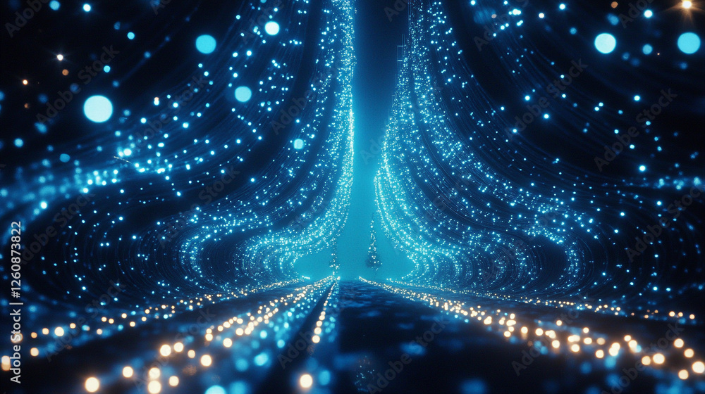 Poster light trails create a mesmerizing pathway in a digital landscape filled with glowing orbs