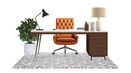 Modern Home Office Desk Setup With Leather Chair