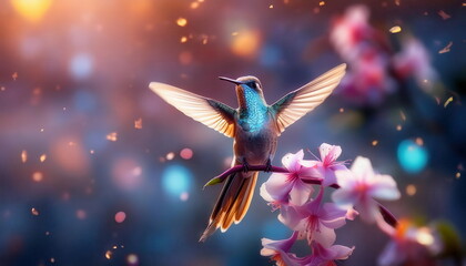 Fototapeta premium Iridescent hummingbird hovering over blooming flowers at sunset in a vibrant garden