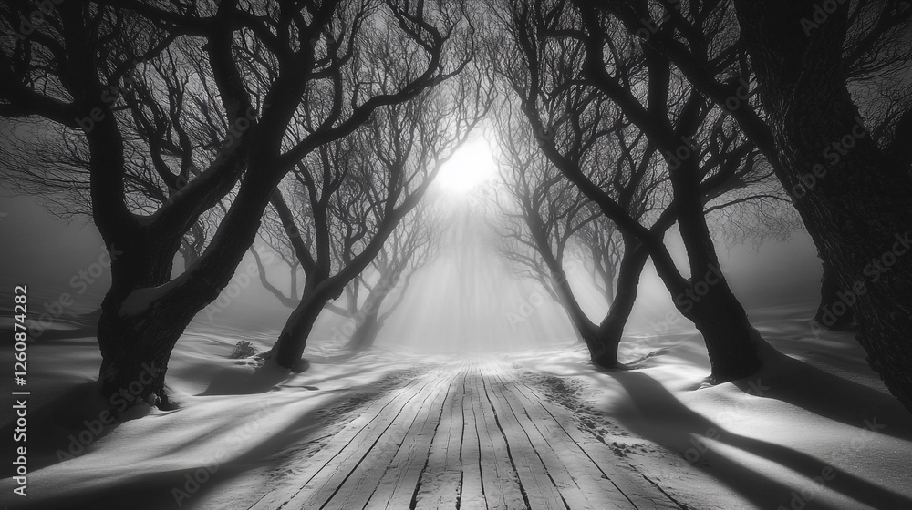 Poster mystical winter path through a forest illuminated by soft sunlight in monochrome