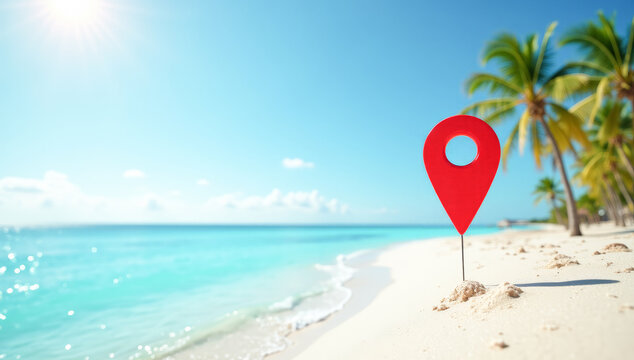 Red location pin on the beach , a desirable route