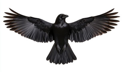 Naklejka premium Black Raven in Flight Against White Background