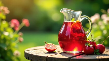 Refreshing summer beverage in a glass pitcher on a wooden table outdoors