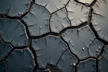 Intricate network of dark gray polygonal cracks in dried earth, a mesmerizing texture of arid land