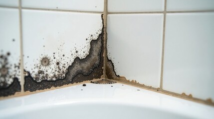Close-up View of Mold Growth in a Bathroom Corner Showing Extensive Water Damage