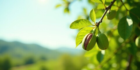 A sunlit almond in its shell hangs from a branch, showcasing the vibrant green foliage and a tranquil landscape backdrop