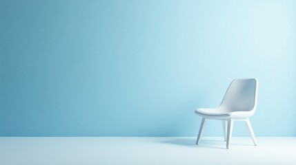 A solitary white chair sits against a serene light-blue backdrop, creating a minimalist and peaceful atmosphere.
