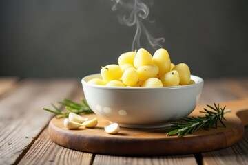 Aromatic Steaming Bowl of Seasoned Baby Potatoes with Fresh Rosemary and Garlic on Rustic Wooden Board
