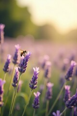 A honeybee delicately collects nectar from a vibrant lavender bloom bathed in the warm glow of the setting sun, surrounded by a field of fragrant purple flowers.