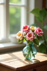 Sunlit Bouquet of Delicate Handcrafted Crochet Flowers in a Glass Vase on Wooden Table