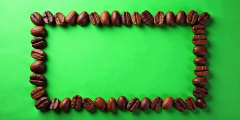 Roasted Coffee Beans Frame on Vibrant Green Background, Perfect for Your Beverage Advertisement or Culinary Design Project
