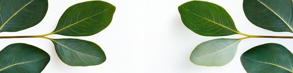 Obraz premium Symmetrical Eucalyptus Leaf Art Minimalist Botanical Frame for Eco-Friendly Branding and Interior Design - Enhance Sustainable Workspace and Natural Aesthetic Appeal