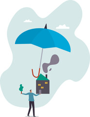 House insurance, home disaster insure coverage or safety or shield for residential building .business concept.flat character.