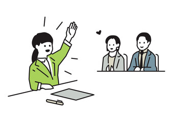 手を上げて発言をする女性と、見守る大人2人のイラスト
