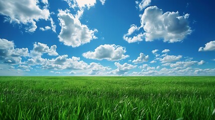Obraz premium field of green grass and perfect blue sky with white clouds