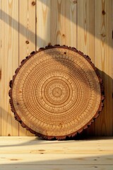 Cross-section of a tree trunk, showcasing its intricate growth rings against a backdrop of natural wood planks, bathed in sunlight.