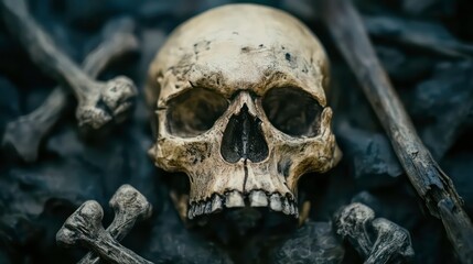 Skull surrounded by bones in dark background. Still life. Stock photo