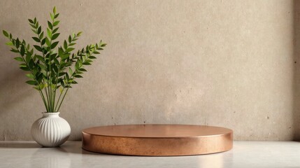 Elegant copper display platform with green plant in vase against neutral backdrop