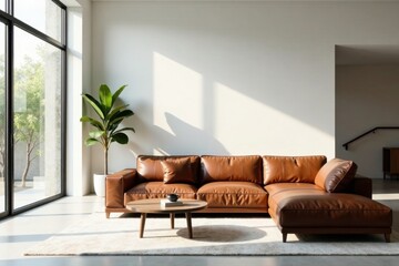Modern Leather Sectional Sofa in Sunlit Minimalist Living Room with Natural Plant Decor