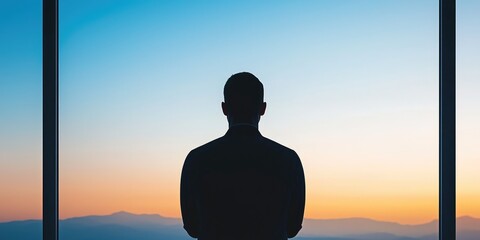 Fototapeta premium Silhouette of a man looking out a window at a sunset over mountains.