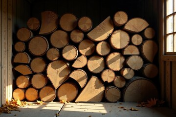 A stack of neatly arranged logs basking in the warm afternoon sunlight, casting long shadows on the wooden floor, autumn leaves scattered nearby.