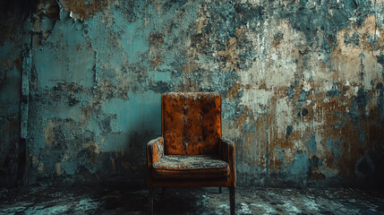 Old, worn armchair against a textured, peeling wall in a dimly lit room