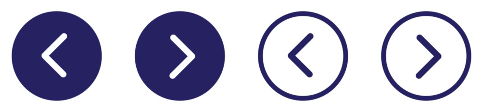 Left and right icon set collection. Circular backward and forward arrow icons. Flat design directional arrow symbols. Monochrome left and right arrow buttons. Vector illustration