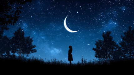 Mysterious Woman's Silhouette Embraced by a Star-Crowned Night