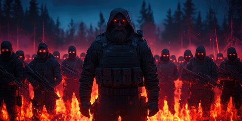 Fiery night scene of soldiers in hooded tactical gear, standing in flames in a forest.