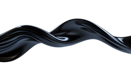 Abstract Black Glossy Liquid Wave with Smooth Curves and Reflective Surface, 3D Render Isolated on Transparent Background, Cutout.