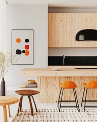 Modern Kitchen Interior With Unique Bar Stools, Inviting Design Elements, Stylish Abstract Artwork, Bright Natural
