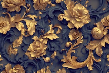 Rich Gold and Burgundy Rococo Pattern Showcasing Intricate Floral and Leaf Motifs for Luxurious Vintage Style