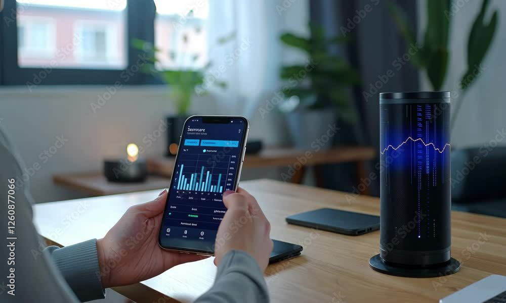 Poster exploring smart home technology with a smartphone and speaker in a modern workspace