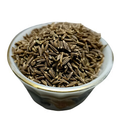 A close-up of dried cumin seeds in a white ceramic bowl, isolated on a white background. The earthy brown seeds are widely used as a spice in cooking, seasoning, and herbal remedies