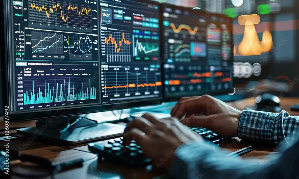 Poster day trading analysis in a modern trading room with multiple monitors and live market data